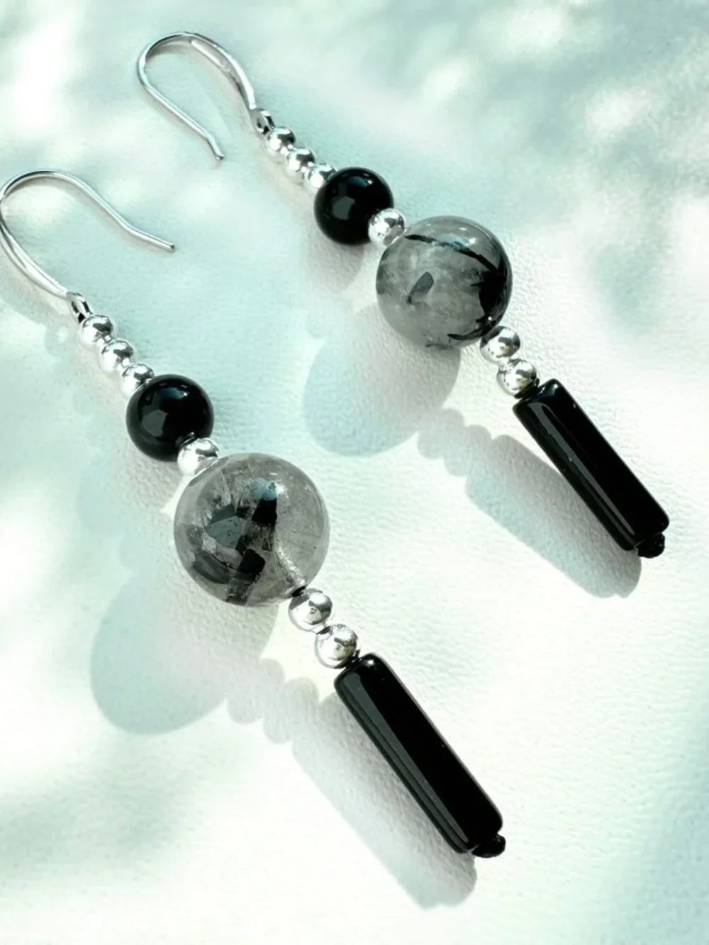 Trendy 925 Sterling Silver Dangle Earrings with Obsidian & Rutilated Quartz
